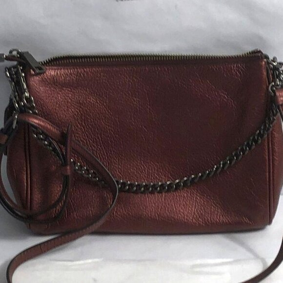 Coach Metallic Wine/Burgundy Leather Gun Metal Chain Baguette Bag Crossbody - Picture 2 of 12